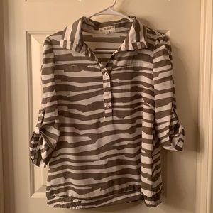 U Style Short Sleeve Collared Button Down Shirt . Work. Brown/ White Stripes. L